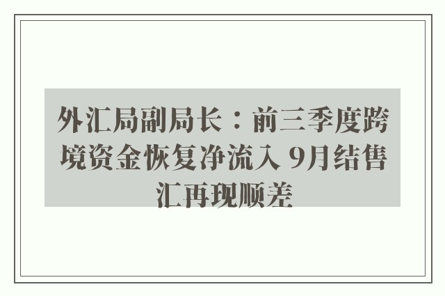 外汇局副局长：前三季度跨境资金恢复净流入 9月结售汇再现顺差