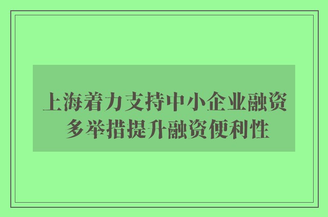 上海着力支持中小企业融资 多举措提升融资便利性